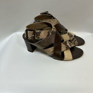 Anyi Lu Brown and Tan Snakeskin Strappy Heels